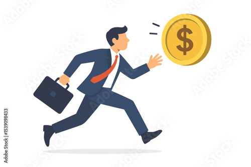 A businessman investor runs to catch the concept of high-performance active mutual funds, rising star s or funds, and hot ETFs, like chasing a high-performance attractive dollar coin