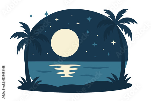 A seascape at night with a moon, stars, and palm trees is visible