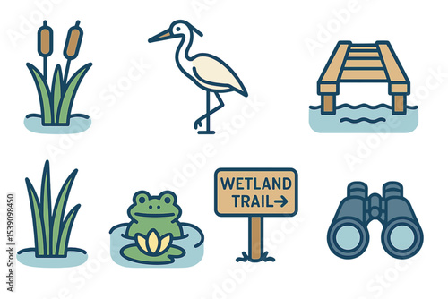 Wetland parks are represented by a set of minimalist icons in a line style, featuring cattails, crane icon, wooden boardwalk, frog in water, reeds, water lily, wetland trail sign, and binoculars
