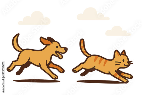 A clear blue sky dotted with soft white clouds provides the backdrop for a dog and cat as they chase each other in circles