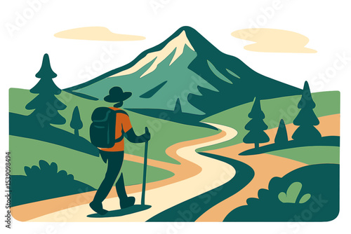 A mountain in the distance with smooth lines and a landscape illustration is the setting for a hike on the trails