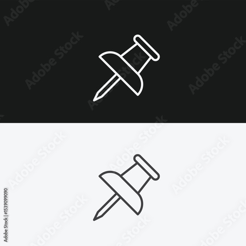 Push Pin or Thumbtack on Black and White Backgrounds, Representing Pinning or Important Notes, White Outline Icon