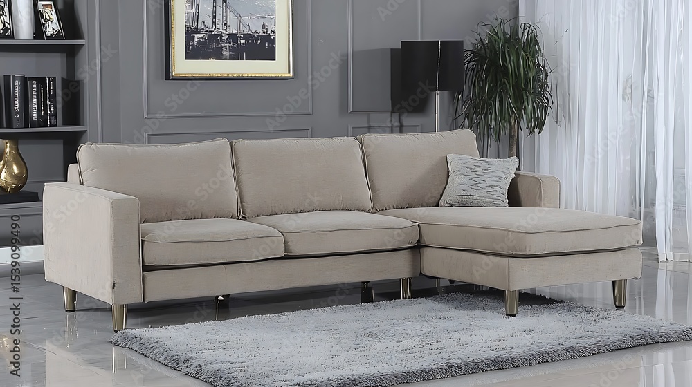 Obraz premium Tan sectional sofa with a black lamp and a potted plant in the corner