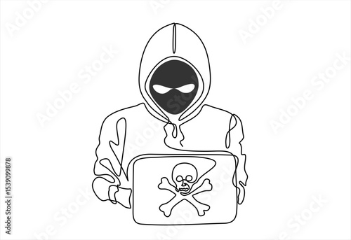 Continuous one line drawing of a Thief hacker. Hacker stealing sensitive data as passwords from a personal computer.Concept hacking internet. Hand drawn one line vector. Editable stroke
