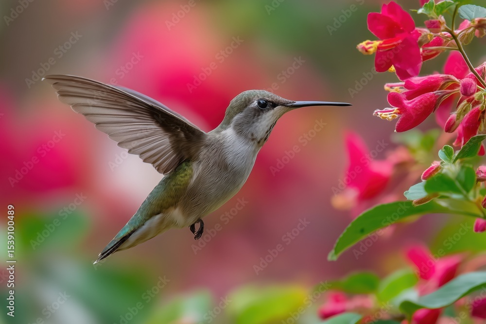 Fototapeta premium Close up view of a hummingbird hovering near vibrant pink blossoms in a colorful garden setting