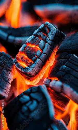 Charcoal glowing red in a barbecue grill during summer gathering at sunset