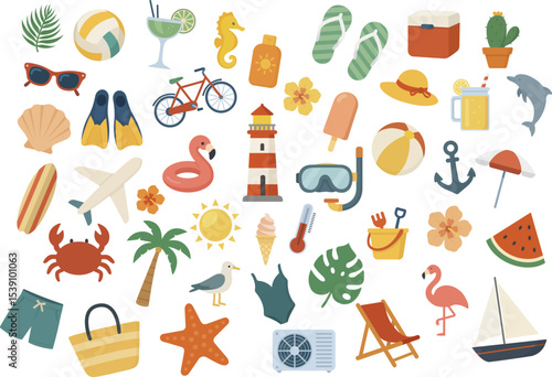 Summer set with cute beach elements: bikini, flip flops, fruits, flowers, palm trees, ice cream, beach elements, balls, lighthouse, crab. Hand drawn flat cartoon elements. Vector illustration