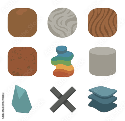 Garden Sculpture Icons. Flat icon set of garden sculpture materials: bronze texture, carved stone, polished