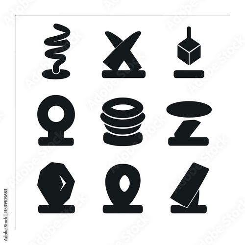 Modern Sculpture Icons. Flat icon set of abstract sculpture features: spiraled rod, intersecting planes,