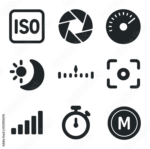 Photography Icons Grid. Flat icon set of photography settings: ISO icon, aperture ring, shutter speed dial,