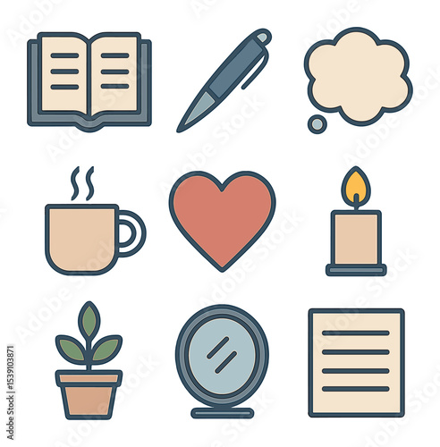 Journaling Icons Grid. Flat icon set of journaling for personal growth: open notebook, writing pen, thought