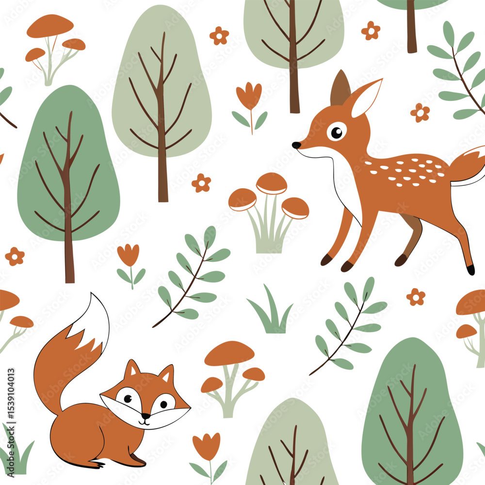 Woodland creatures: seamless pattern A delightful seamless pattern featuring a charming woodland scene with adorable fox, deer, mushroom, flowers, grass, and trees, rendered in a playful illustration. Woodland creatures: seamless pattern A delightful seamless pattern featuring a charming woodland scene with adorable fox, deer, mushroom, flowers, grass, and trees, rendered in a playful illustration.