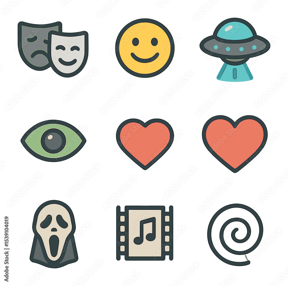 Film Genres Icon Grid. Flat icon set of film genres in festivals: drama mask, comedy emoji, sci-fi UFO, Film Genres Icon Grid. Flat icon set of film genres in festivals: drama mask, comedy emoji, sci-fi UFO,