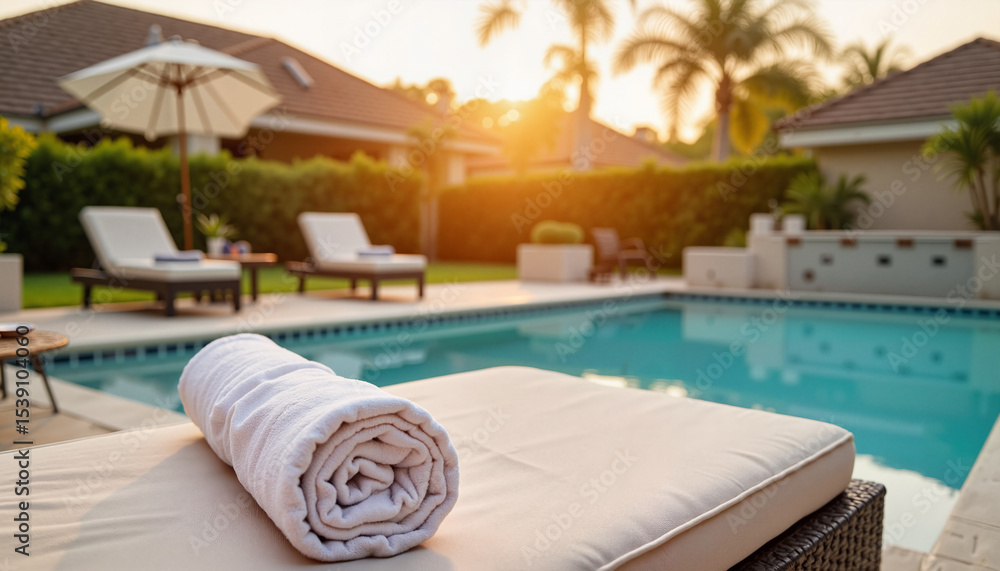 Fototapeta premium Cozy patio by swimming pool with rolled towel and sunset background 