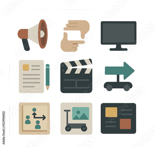 Director's Tools Icons. Flat icon set of film director’s tools: megaphone, script binder, framing hands,