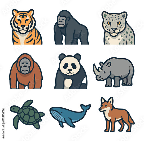 Endangered Species Icons. Flat icon set of endangered species: tiger, mountain gorilla, snow leopard,
