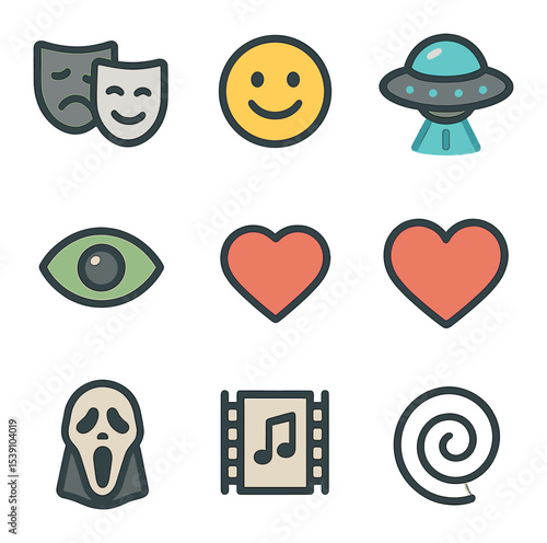 Film Genres Icon Grid. Flat icon set of film genres in festivals: drama mask, comedy emoji, sci-fi UFO,