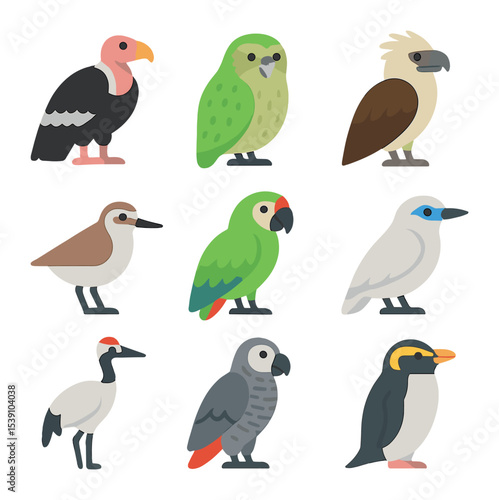 Endangered Bird Icons. Flat icon set of endangered bird species: California condor, kakapo, Philippine eagle,