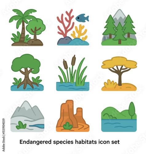 Endangered Habitats Icons. Flat icon set of endangered species habitats: tropical rainforest, coral reef,