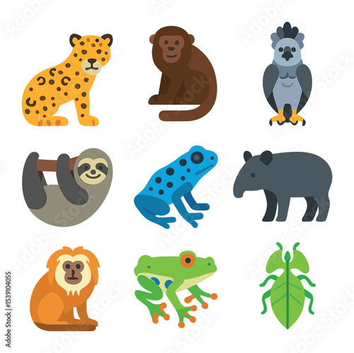 Rainforest Endangered Animals Icons. Flat icon set of endangered rainforest animals: jaguar, howler monkey,