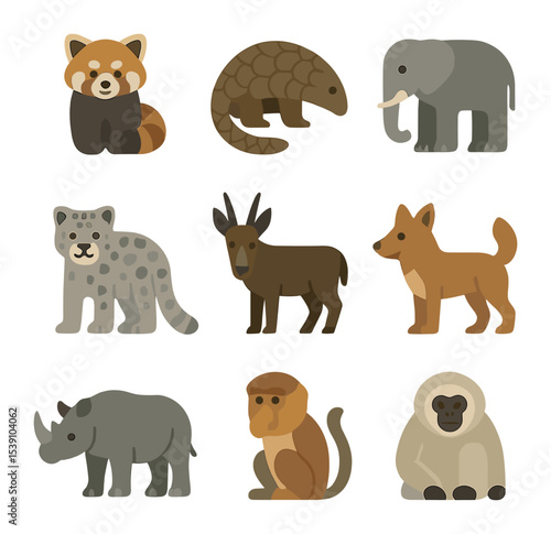 Wallpaper Mural Asian Endangered Species Icons. Flat icon set of endangered species in Asia: red panda, pangolin, Asian Torontodigital.ca