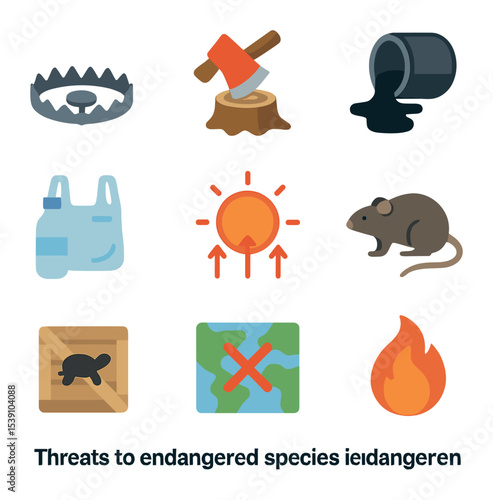Endangered Species Threat Icons. Flat icon set of threats to endangered species: poaching trap, deforestation