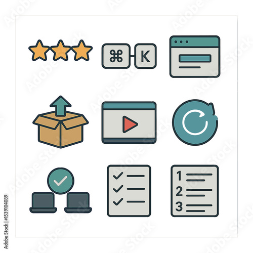 Software Icon Set. Flat icon set of software reviews and tutorials: rating stars, keyboard shortcut, software