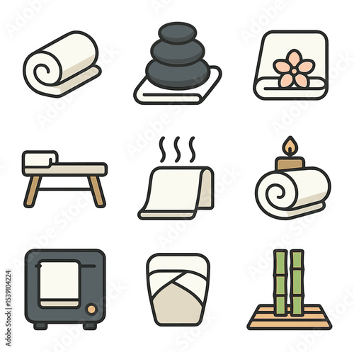 Spa Towel Icons. Flat icon set of spa and wellness towel visuals: rolled towel, hot stone on towel, towel with