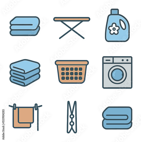 Household Linen Icons. Flat icon set of household linen care: folded towel, ironing board, fabric softener,