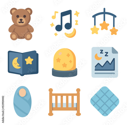 Children's Sleep Icon Set. Flat icon set of children’s peaceful sleep: stuffed animal, lullaby icon, mobile