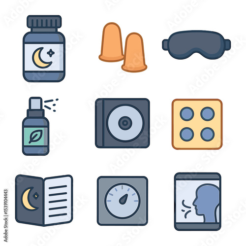 Sleep Aid Icons. Flat icon set of sleep aid objects: melatonin bottle, earplugs, weighted eye mask, herbal