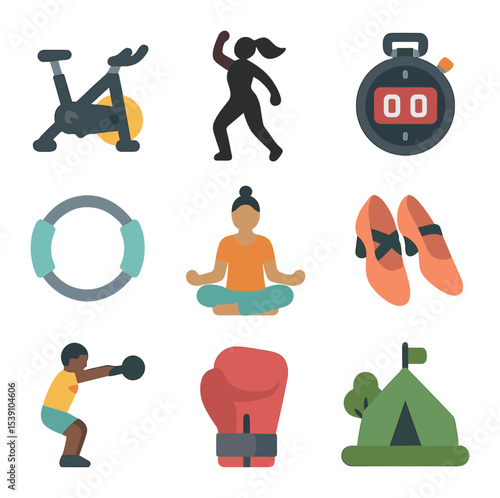 Fitness Icons Grid. Flat icon set of group fitness and classes: spin bike, Zumba silhouette, HIIT timer,