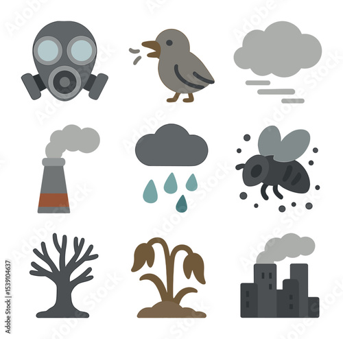 Endangered Species Icons. Flat icon set of endangered species due to pollution: polar bear on melting ice, sea