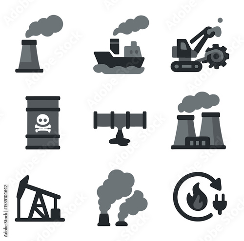 Air Pollution Icons. Flat icon set of air pollution and animal impact: gas mask, coughing bird, haze cloud,