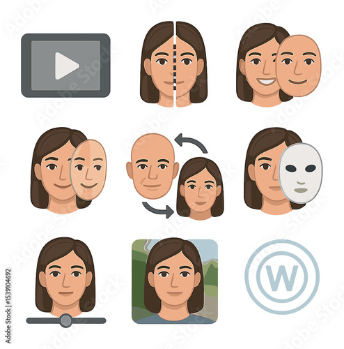 AI Icon Grid. Flat icon set of AI-generated human features: photorealistic face, synthetic eye, virtual smile,