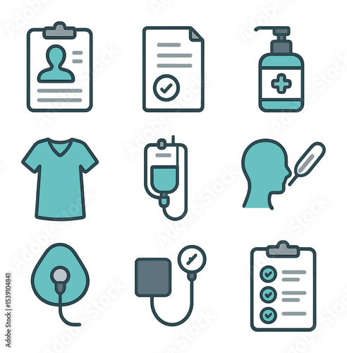 Surgical Instruments Grid. Flat icon set of surgical instruments: forceps, retractors, hemostats, scissors,