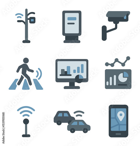 Urban Mobility Barriers Icons. Flat icon set of barriers in urban mobility: traffic congestion, broken