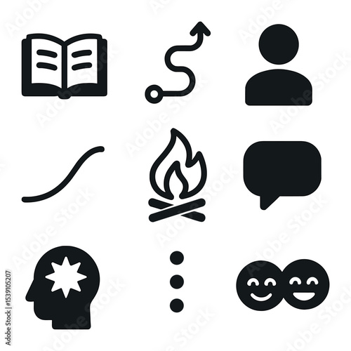 Small-Talk Icon Grid. Flat icon set of small-talk starters: weather icon, weekend plan note, compliment spark,