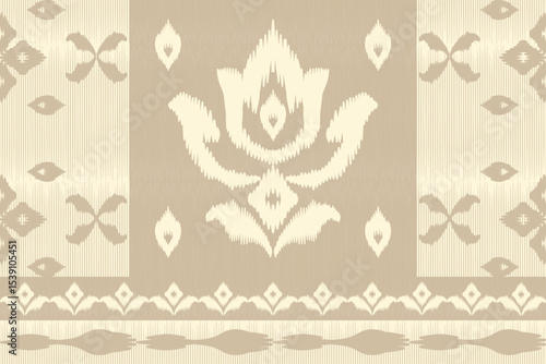 Elegant seamless ikat patterns featuring lotus motifs in soft beige tones. Luxurious traditional Thai textile design for high-end fabric, packaging, or interior decor.