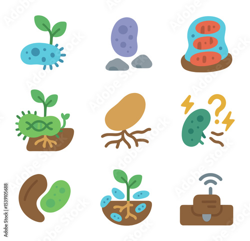 Ecosystem Restoration Icons. Flat icon set of GMOs for ecosystem restoration: nitrogen-fixing plant,