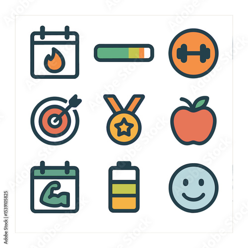 Home Strength Training Icons. Flat icon set of strength training at home: bicep curl, overhead press, deadlift