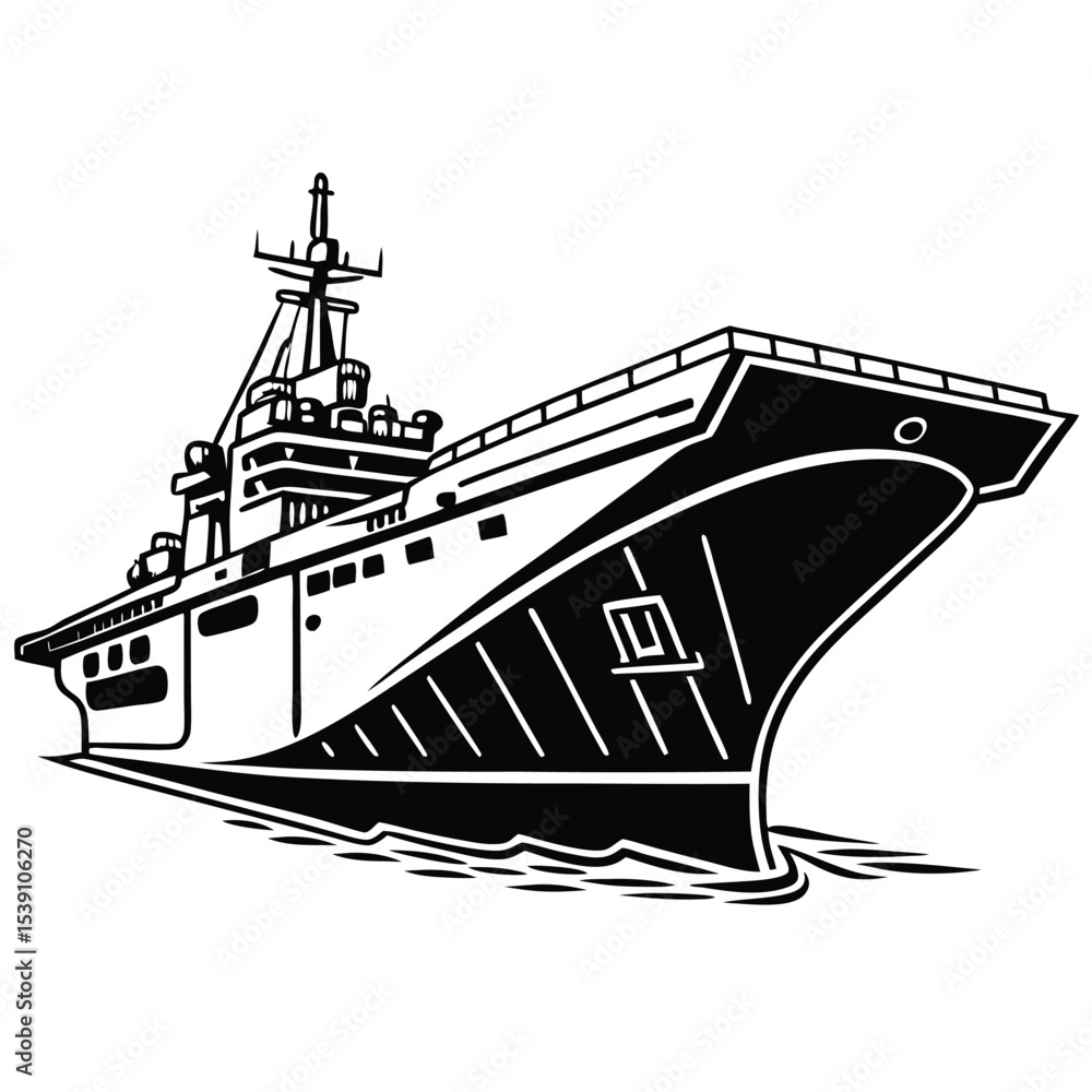 Obraz premium Monochrome Illustration of a Modern Aircraft Carrier with Prominent Flight Deck and Detailed Superstructure Depicting Naval Power