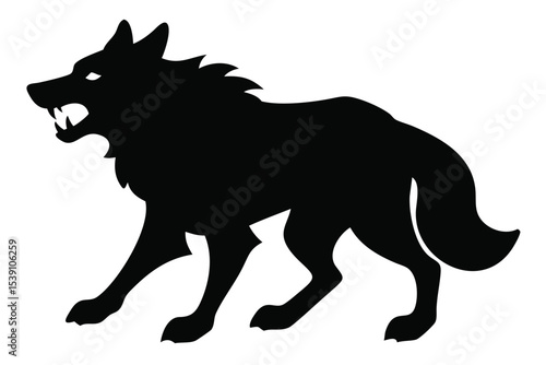 Silhouette of a wolf with sharp teeth and glowing eyes standing in a defensive posture on a white background created with generated ai