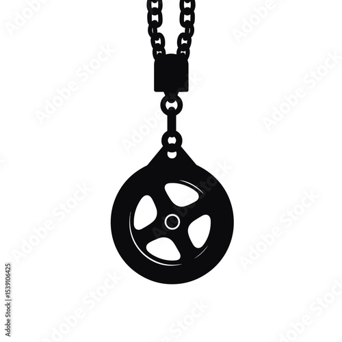 Black chain hoist and pulley system on white background. Detailed illustration shows chain hoist with pulley wheel and sturdy chain