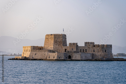 Greece, Nafplio, Bourtzi Castle - 31 march 2024 - View of the picturesque Bourtzi Castle from Nafplio