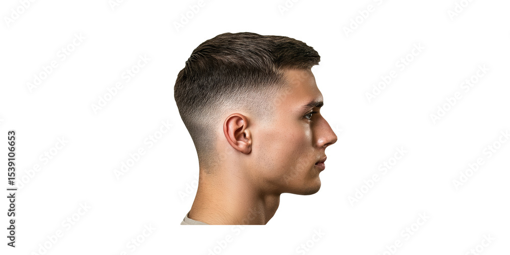 Fototapeta premium Profile Of Young Man With Fade Haircut. Modern Hairstyle And Grooming Isolated On Transparent Background