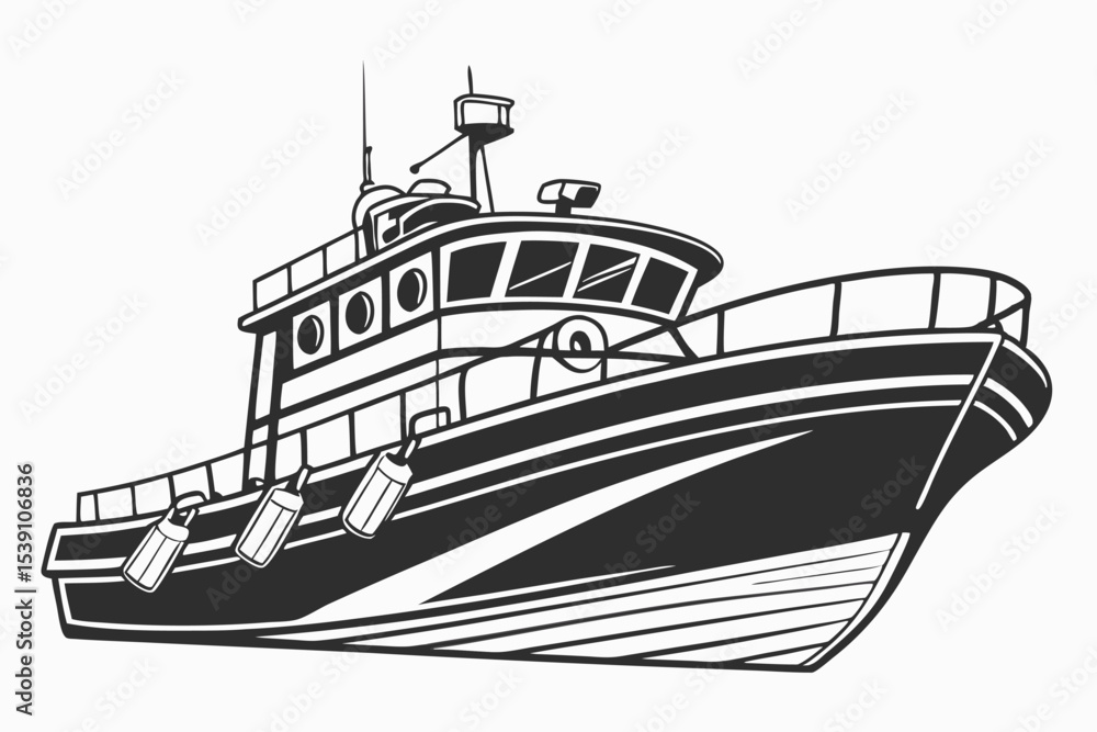 Obraz premium Monochrome Fishing Boat Illustration A Detailed Depiction of Nautical Vessels and Maritime Themes in Artistic Black and White