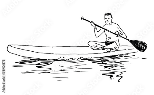 Sketch of young man on sup board sitting, rowing paddle and floating on water lake, vector contour hand drawndoodle illustration isolated on white