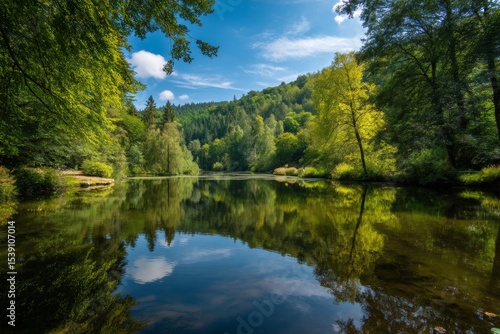 A serene lake mirrors the vibrant blue sky while encased by dense greenery. Gentle waves create ripples on the waters surface, enhancing the peaceful atmosphere of this natural oasis