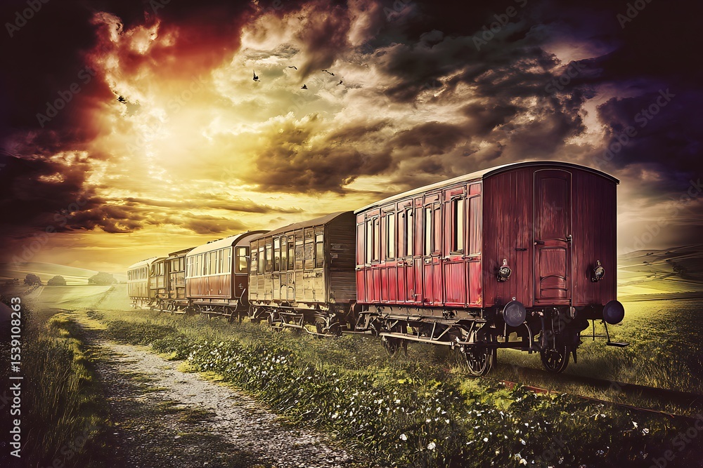 Obraz premium Vintage train at sunset over a rural landscape.